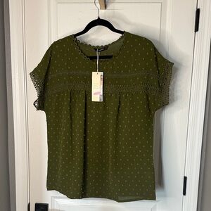 Elegant Olive Green Blouse with Lace Accents